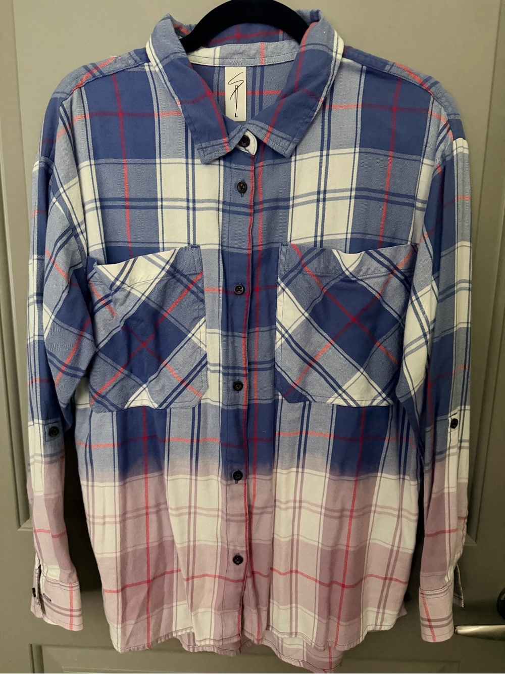 ADORA Blue, White and Pink Ombre Plaid Button-Down Shirt women’s size Large